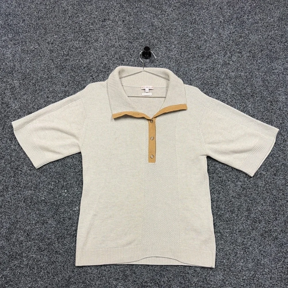Peter Millar Sweater Womens L Beige Silk Cashmere Knit Polo Short Sleeve Luxury